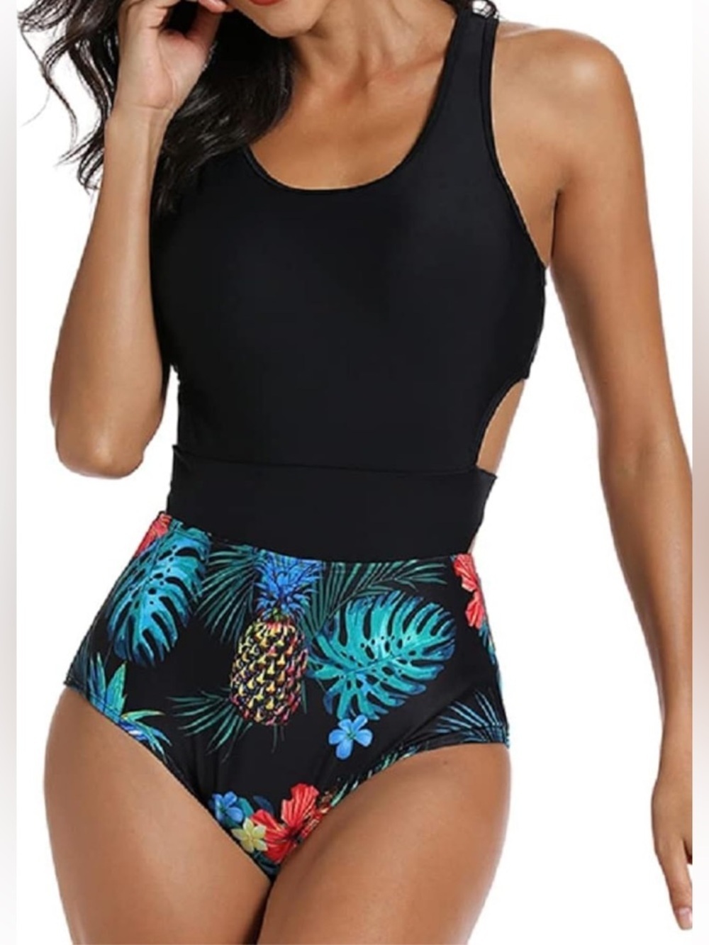 Black Tank One-Piece Swimsuit with Tropical-Print High-Waist Bottom - Picture 6 of 7